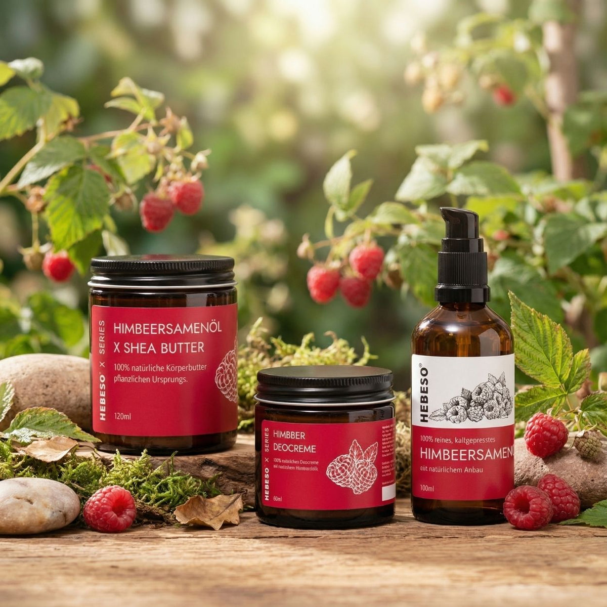 HEBESO Pflegeprodukte zwischen Himbeeren und grünen Blättern