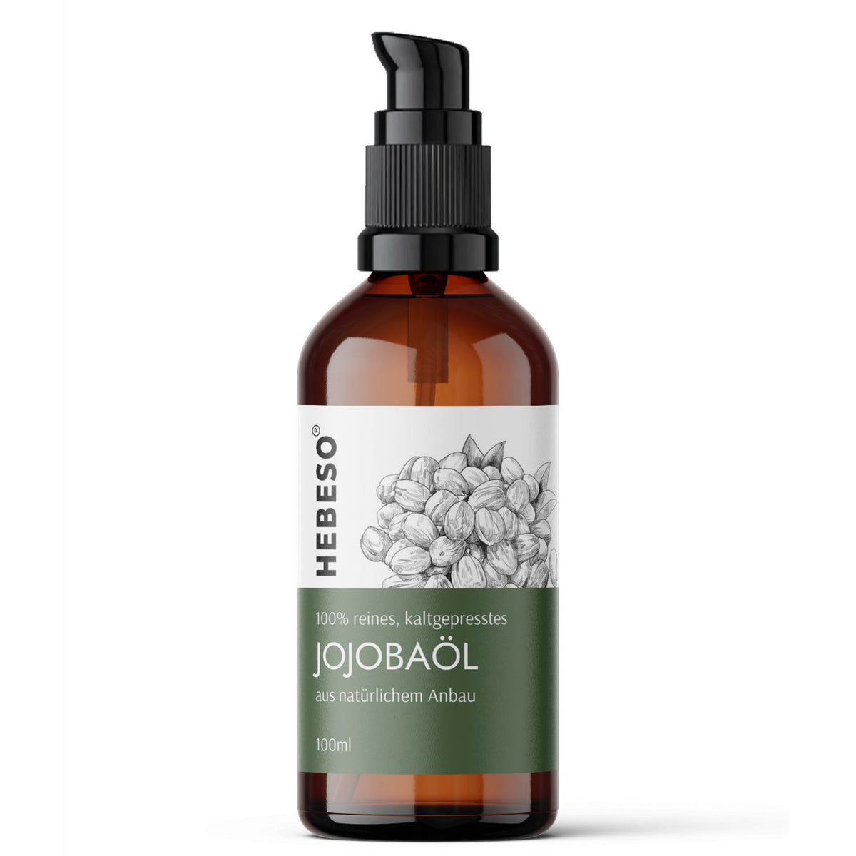 HEBESO Jojobaöl 100 ml in einer braunen Flasche mit Pumpspender.