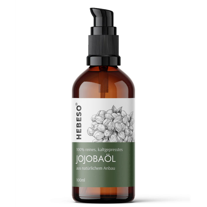 HEBESO Jojobaöl 100 ml in einer braunen Flasche mit Pumpspender.