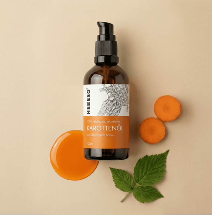 HEBESO Karottenöl 100 ml mit orangefarbener Ölprobe und Karottenscheiben.