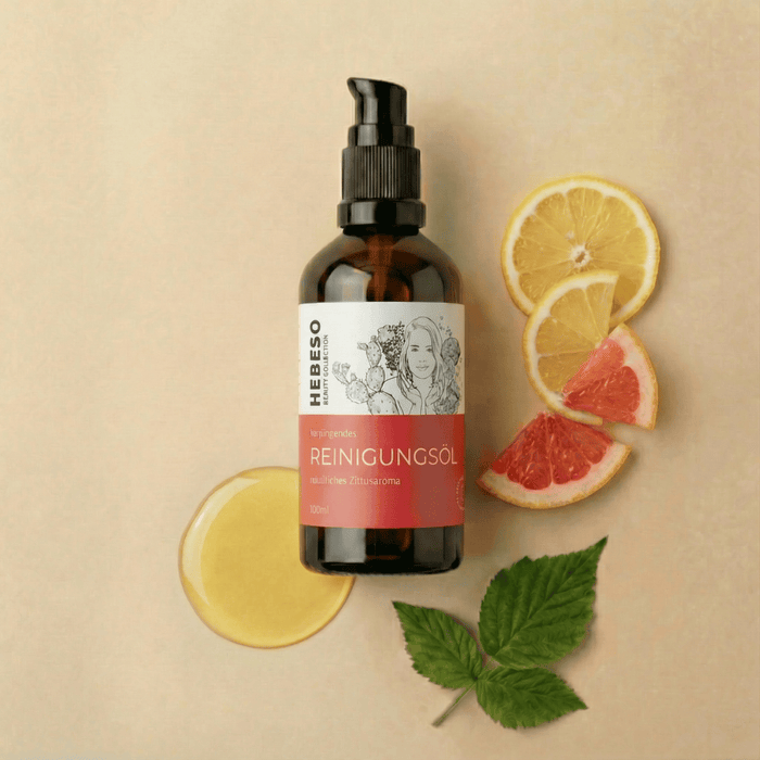 HEBESO Reinigungsöl 100 ml mit Ölprobe und aufgeschnittenen Zitrusfrüchten.