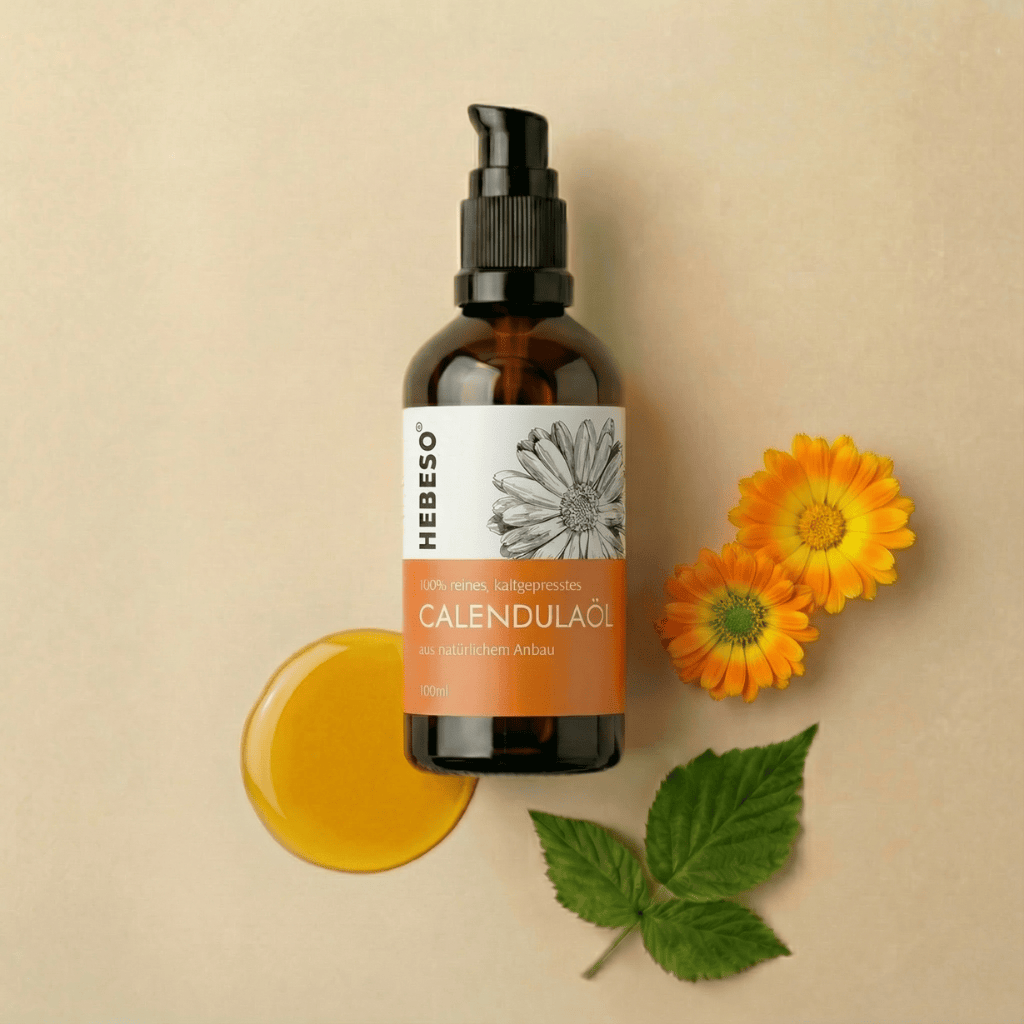 HEBESO Calendulaöl 100 ml mit Ölprobe, Ringelblumenblüten und grünen Blättern.