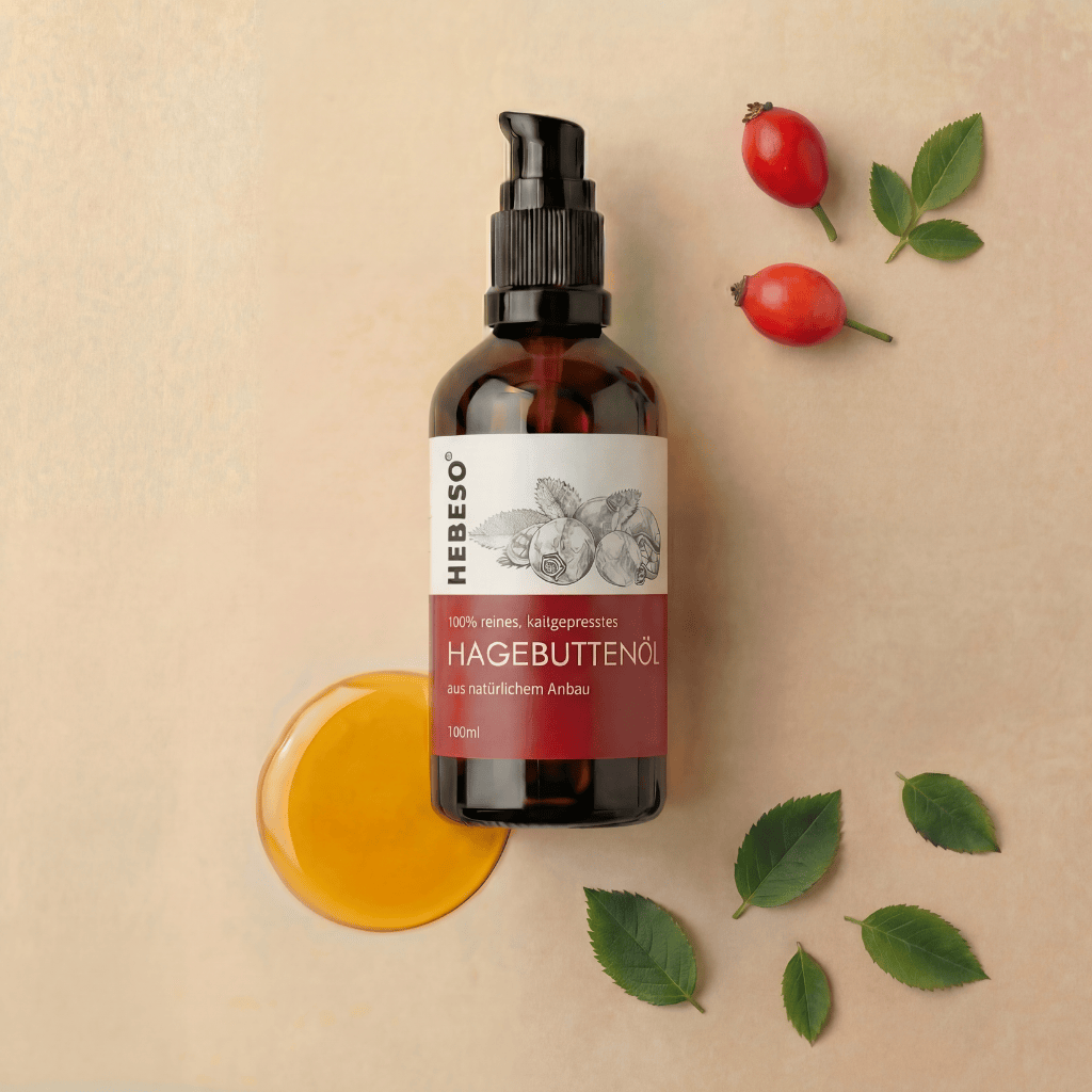 HEBESO Hagebuttenöl 100 ml mit Ölprobe, Hagebutten und grünen Blättern.