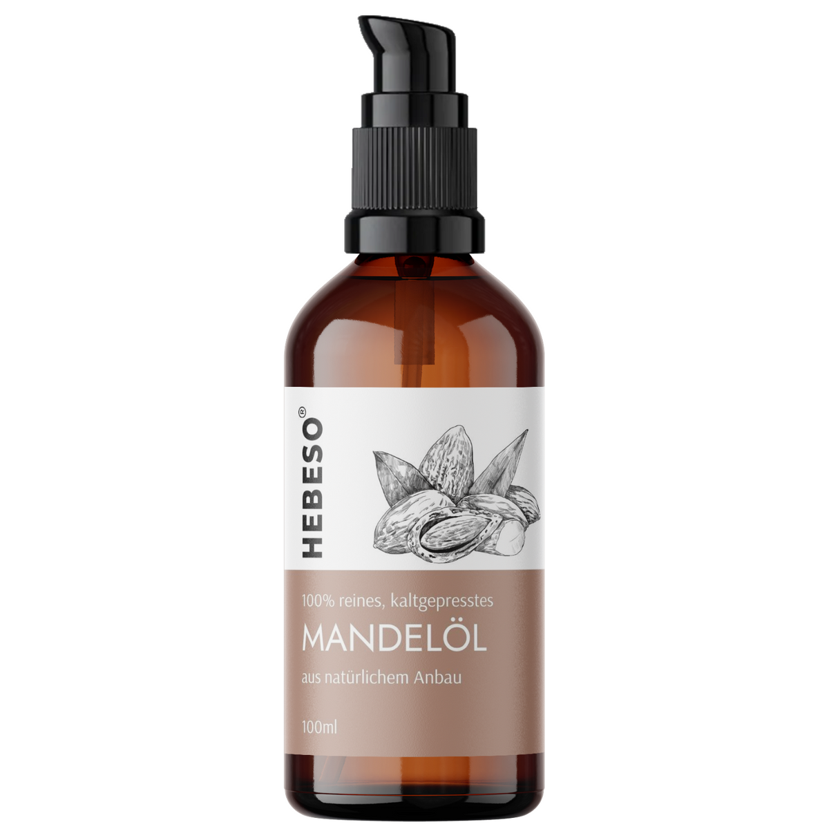 HEBESO Mandelöl 100 ml in einer braunen Flasche mit Pumpspender.
