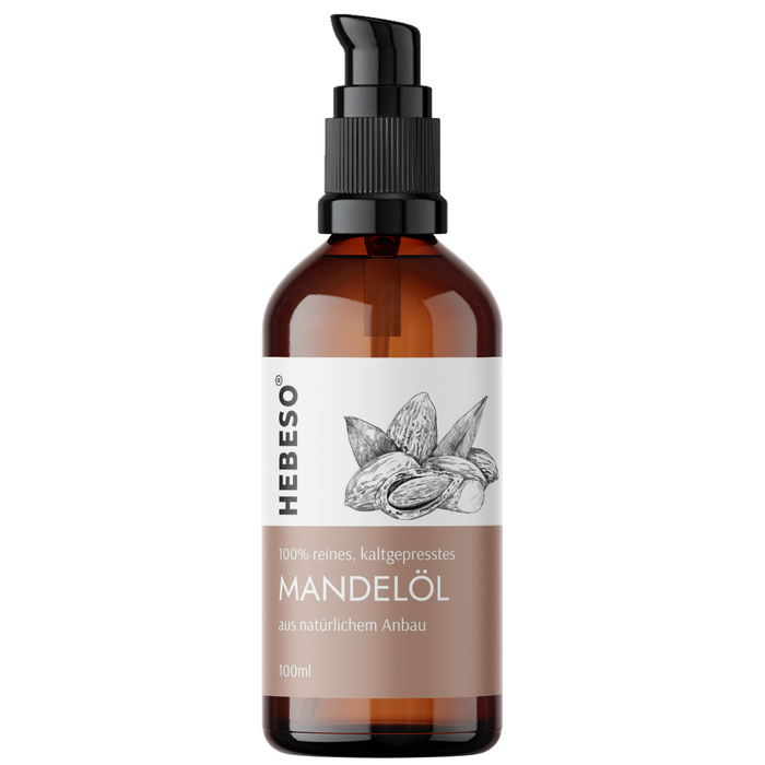 HEBESO Mandelöl 100 ml in einer braunen Flasche mit Pumpspender.