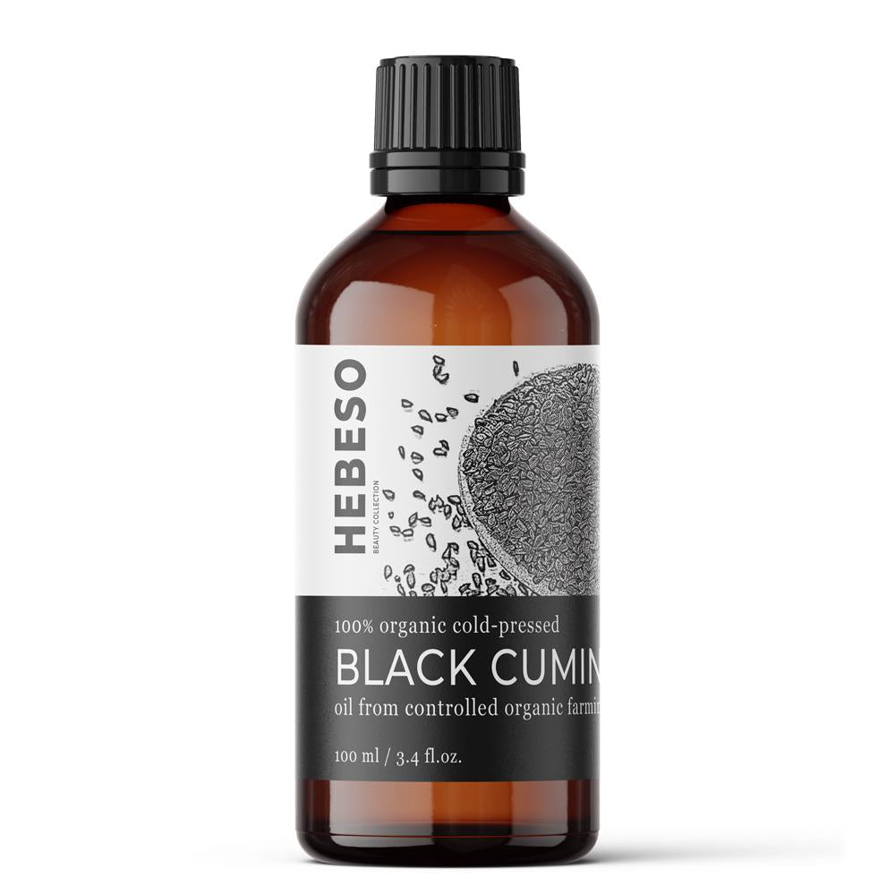 HEBESO Schwarzkümmelöl 100 ml in einer braunen Flasche mit schwarzem Schraubverschluss.